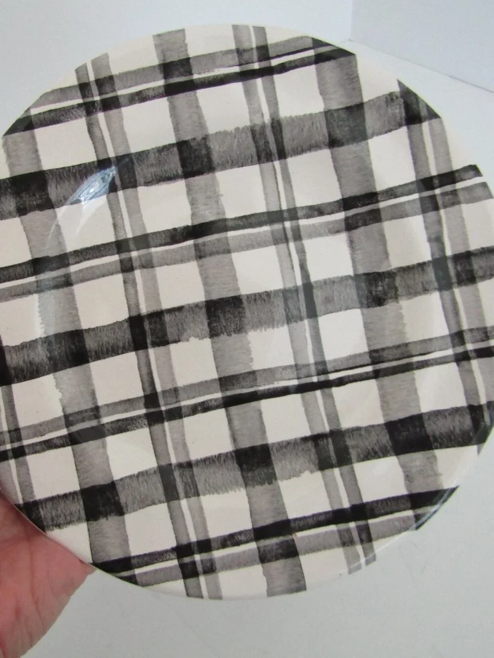 Pier 1 Ironstone plates , Black/Gray/White Plaid, Round Shiny, MW/DS Safe, 8.5